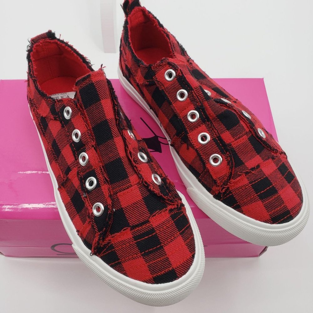 CORKYS Babalu Red Buffalo Plaid Slip On Sneakers Distressed Tennis Shoes 6-9 NWT - Picture 2 of 8